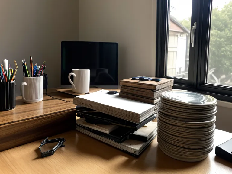 Gros plan sur un bureau de travail encombré de papiers et de câbles emmêlés