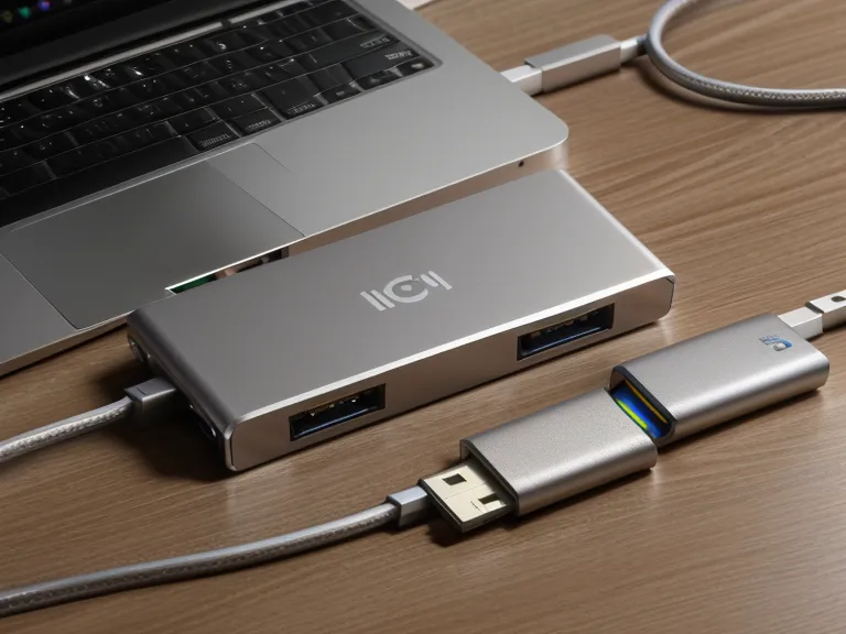 Gros plan d'un hub USB-C en aluminium avec plusieurs câbles branchés