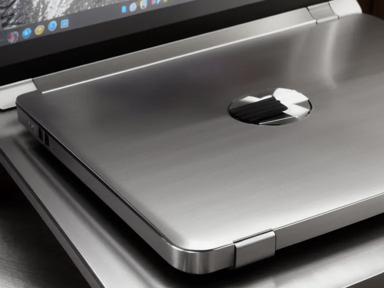Détail d'un support d'ordinateur portable en aluminium brossé sur un bureau en bois