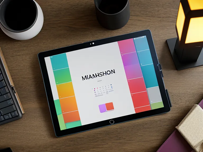 Tablette affichant un planning de calendrier partagé coloré sur le bureau d'un designer freelance, pour une meilleure organisation du travail.