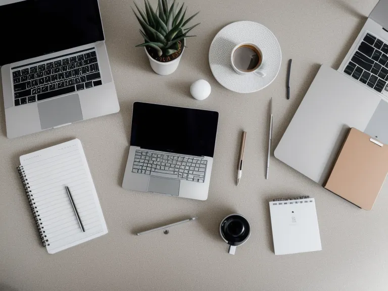 Vue de dessus d'un bureau de travail minimaliste et serein avec ordinateur portable